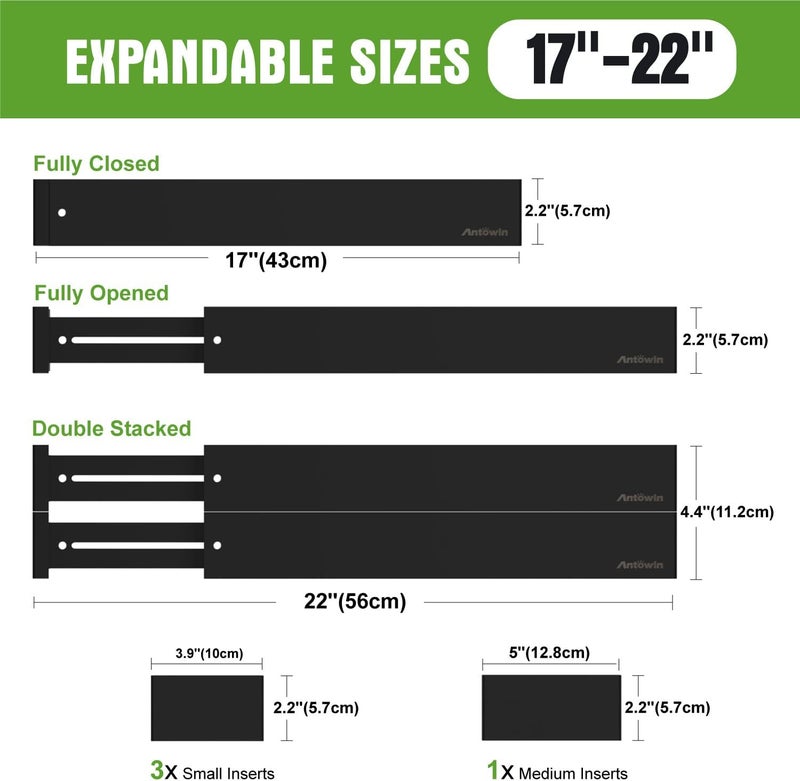 ANTOWIN Bamboo Drawer Dividers Organizers, Drawer Separators Splitter,17-22 inches Long Adjustable Spring-loaded Organizer for Large Utensil, Clothes, Tools Drawers (Black) - Image 3