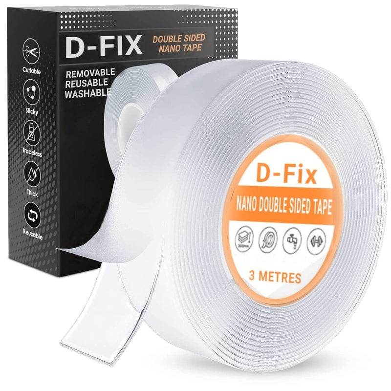 D-Fix Double Sided Nano Adhesive Tape, Washable Traceless Nano Gel Tape, Stick To Glass, Metal, Kitchen Cellphone,Pads Or Tile Nano Tape Grip Tape Transparent | 3 cm x 3 Meters - Image 1