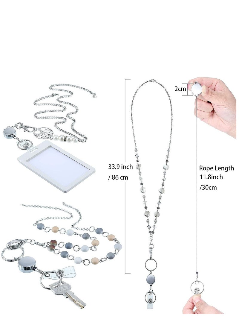 Excefore - 3 Pieces ID Badge Lanyard Necklace with ID Holder Clip Stainless Steel Beaded Chain Retractable Badge Reel Present - Image 1