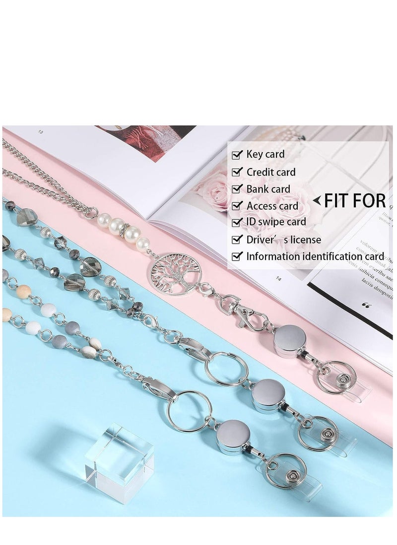 Excefore - 3 Pieces ID Badge Lanyard Necklace with ID Holder Clip Stainless Steel Beaded Chain Retractable Badge Reel Present - Image 1