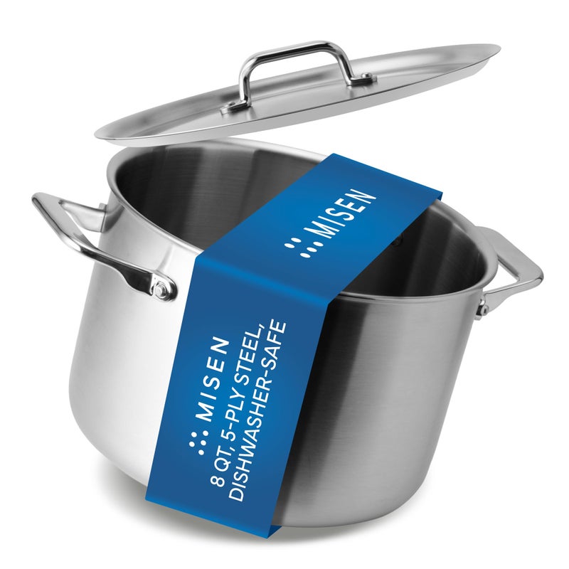 Misen 5Ply Stainless Steel Stockpot Large Cooking Pot for Boiling Simmering Stewing Consistent Even Heating Durable Dishwasher Safe OvenSafe to 800F Induction Ready 8 QT