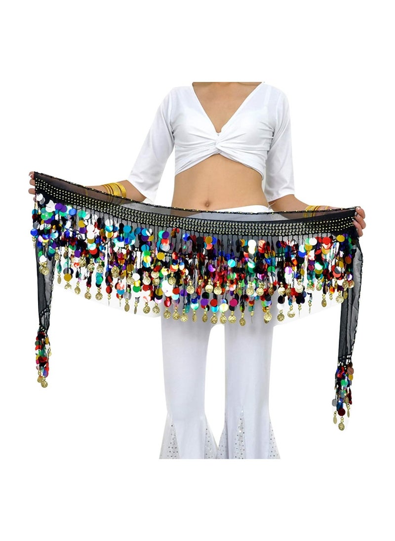SYOSI Women Belly Dance Hip Scarf, Dancing Costumes 88 Colorful Gold Coins Hip Belt Skirt, Chiffon Dangling Belly Dance Waist Costume Belt for Women Girls, Black  - Image 1