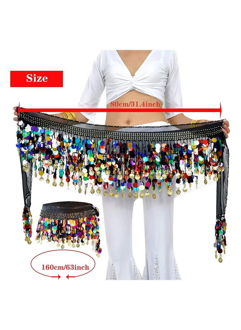 SYOSI Women Belly Dance Hip Scarf, Dancing Costumes 88 Colorful Gold Coins Hip Belt Skirt, Chiffon Dangling Belly Dance Waist Costume Belt for Women Girls, Black  - Image 5