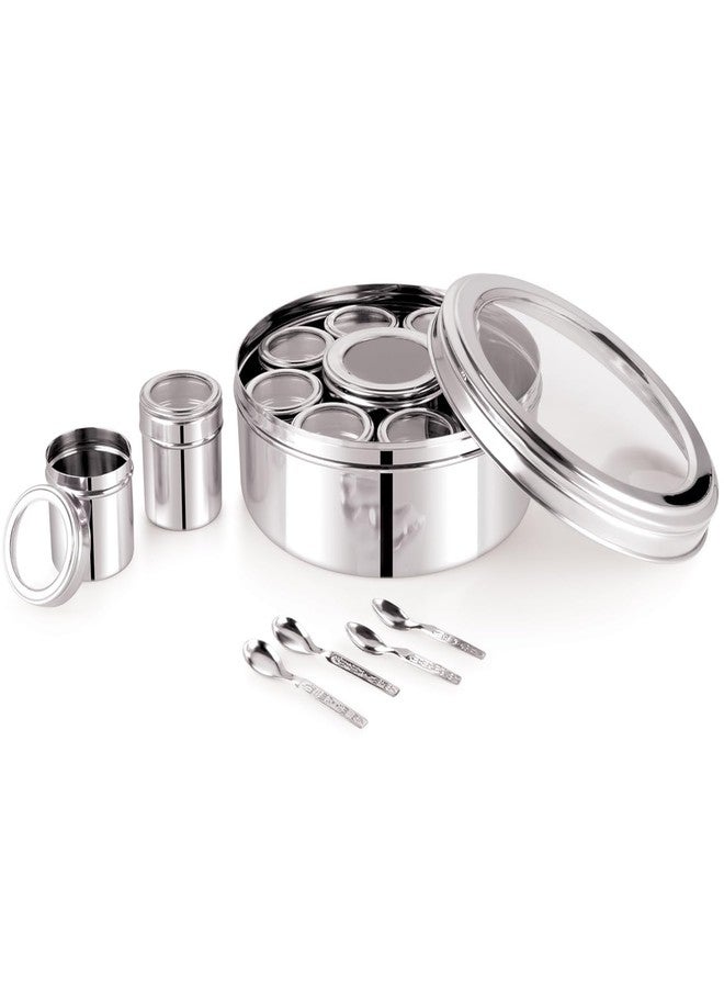 VISAXMI 9 in 1 Masala Box for Kitchen Stainless Steel | Spice Container | Masala Dabba Steel | Masala Dani | Spice Jars with Individual See through lid - Silver (150 ml) each - Image 3