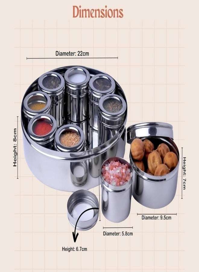 VISAXMI 9 in 1 Masala Box for Kitchen Stainless Steel | Spice Container | Masala Dabba Steel | Masala Dani | Spice Jars with Individual See through lid - Silver (150 ml) each - Image 2