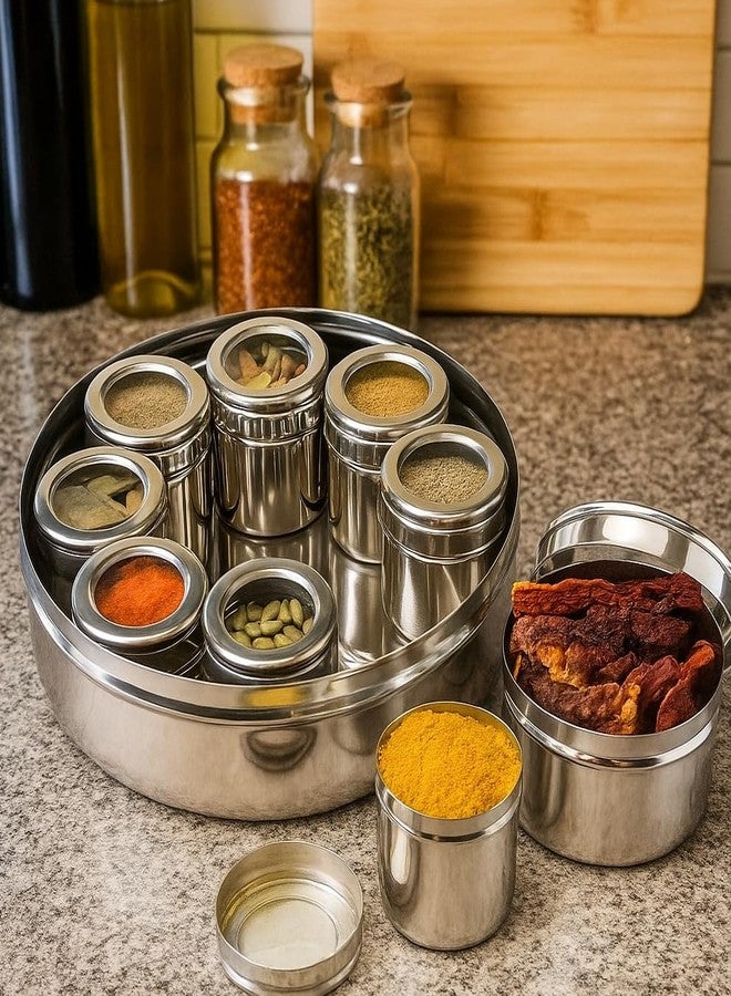 VISAXMI 9 in 1 Masala Box for Kitchen Stainless Steel | Spice Container | Masala Dabba Steel | Masala Dani | Spice Jars with Individual See through lid - Silver (150 ml) each - Image 1