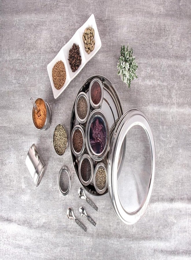 VISAXMI 9 in 1 Masala Box for Kitchen Stainless Steel | Spice Container | Masala Dabba Steel | Masala Dani | Spice Jars with Individual See through lid - Silver (150 ml) each - Image 4