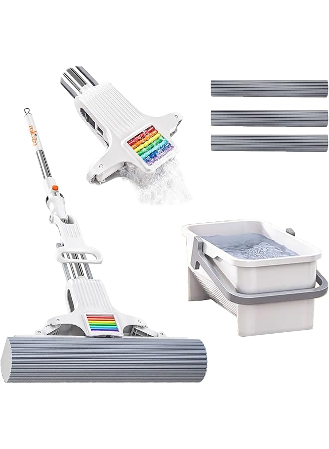 ZALCOON Rainbow Cotton Sponge Mop 13 Inch with Bucket & 3 Super Absorbent Sponge Refill, |Automatic Sponge Release system | Household Cleaning Tool for Kitchen, Tiles, Multi-Surface Hard Floors - Image 1