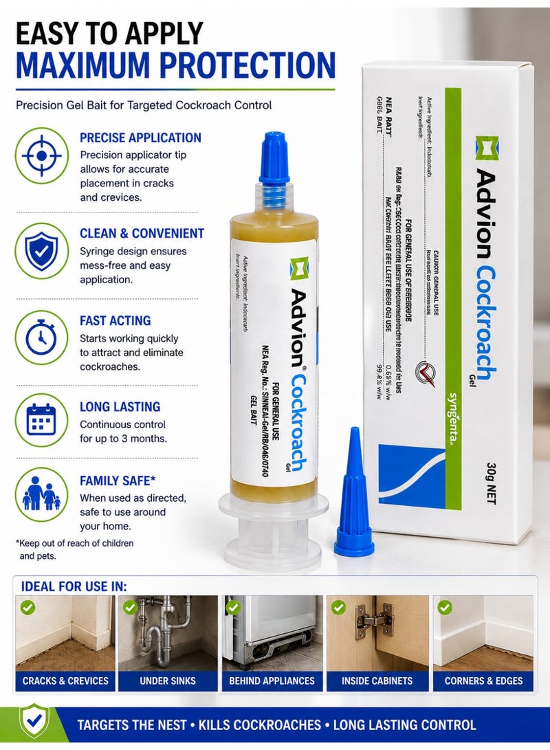 ADVISION Cockroach Gel Bait 30g with Precision Applicator Tip | Professional Strength Cockroach Control Gel | Easy Spot Application for Kitchens, Cabinets & Cracks - Image 5