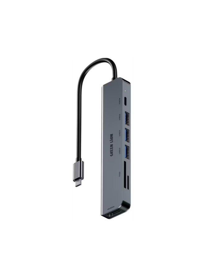 جرين ليون موزع USB-C 7 في 1 مع 3 منافذ USB-A وHDMI وبطاقة TF/SD وUSB-C، مصنوع من سبائك الألومنيوم، بدقة 4K عند 30 هرتز، ونقل بيانات بسرعة 5 جيجابت في الثانية، وطول الكابل 16.7 سم - رمادي - Image 2
