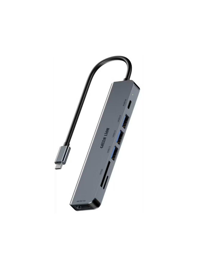 جرين ليون موزع USB-C 7 في 1 مع 3 منافذ USB-A وHDMI وبطاقة TF/SD وUSB-C، مصنوع من سبائك الألومنيوم، بدقة 4K عند 30 هرتز، ونقل بيانات بسرعة 5 جيجابت في الثانية، وطول الكابل 16.7 سم - رمادي - Image 1