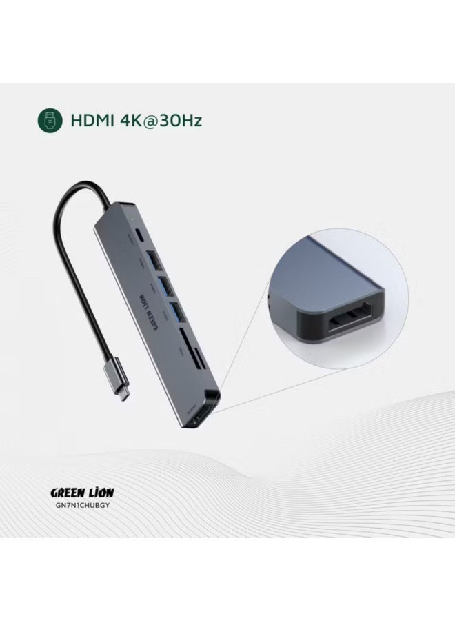 جرين ليون موزع USB-C 7 في 1 مع 3 منافذ USB-A وHDMI وبطاقة TF/SD وUSB-C، مصنوع من سبائك الألومنيوم، بدقة 4K عند 30 هرتز، ونقل بيانات بسرعة 5 جيجابت في الثانية، وطول الكابل 16.7 سم - رمادي - Image 5