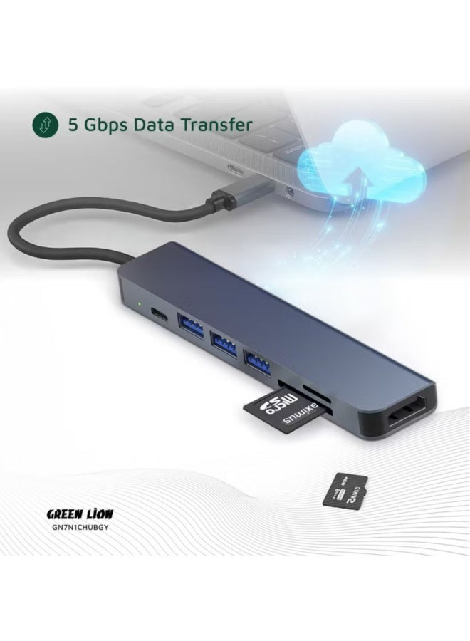 جرين ليون موزع USB-C 7 في 1 مع 3 منافذ USB-A وHDMI وبطاقة TF/SD وUSB-C، مصنوع من سبائك الألومنيوم، بدقة 4K عند 30 هرتز، ونقل بيانات بسرعة 5 جيجابت في الثانية، وطول الكابل 16.7 سم - رمادي - Image 3