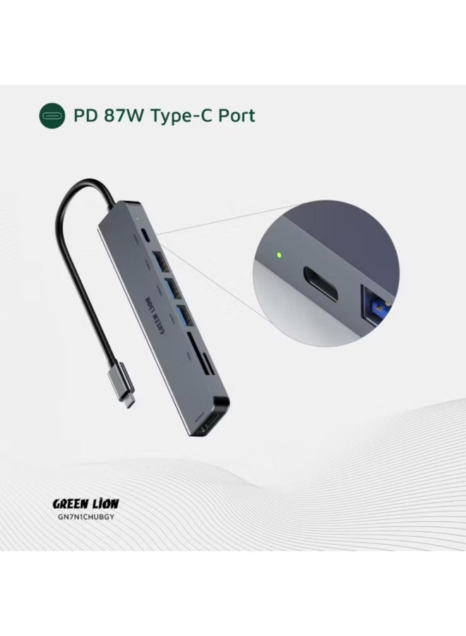 جرين ليون موزع USB-C 7 في 1 مع 3 منافذ USB-A وHDMI وبطاقة TF/SD وUSB-C، مصنوع من سبائك الألومنيوم، بدقة 4K عند 30 هرتز، ونقل بيانات بسرعة 5 جيجابت في الثانية، وطول الكابل 16.7 سم - رمادي - Image 4