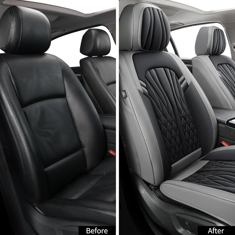 MINGBRON Leather Car Seat Covers - Breathable and Waterproof Faux Leather for Cars, SUVs, Trucks, and Sedans - Universal Fit in Grey & Black - Image 2