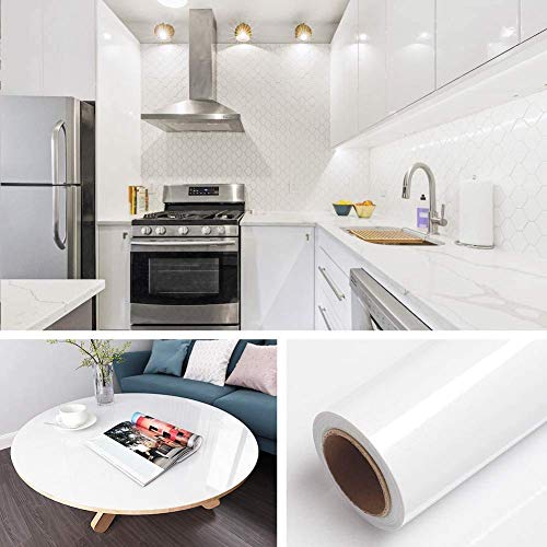 HOME13™ Glossy White Self Adheisve Vinyl Wallpaper for Cabinet Countertop (24inches by 120inches, White Glossy Wallpaper) - Image 1