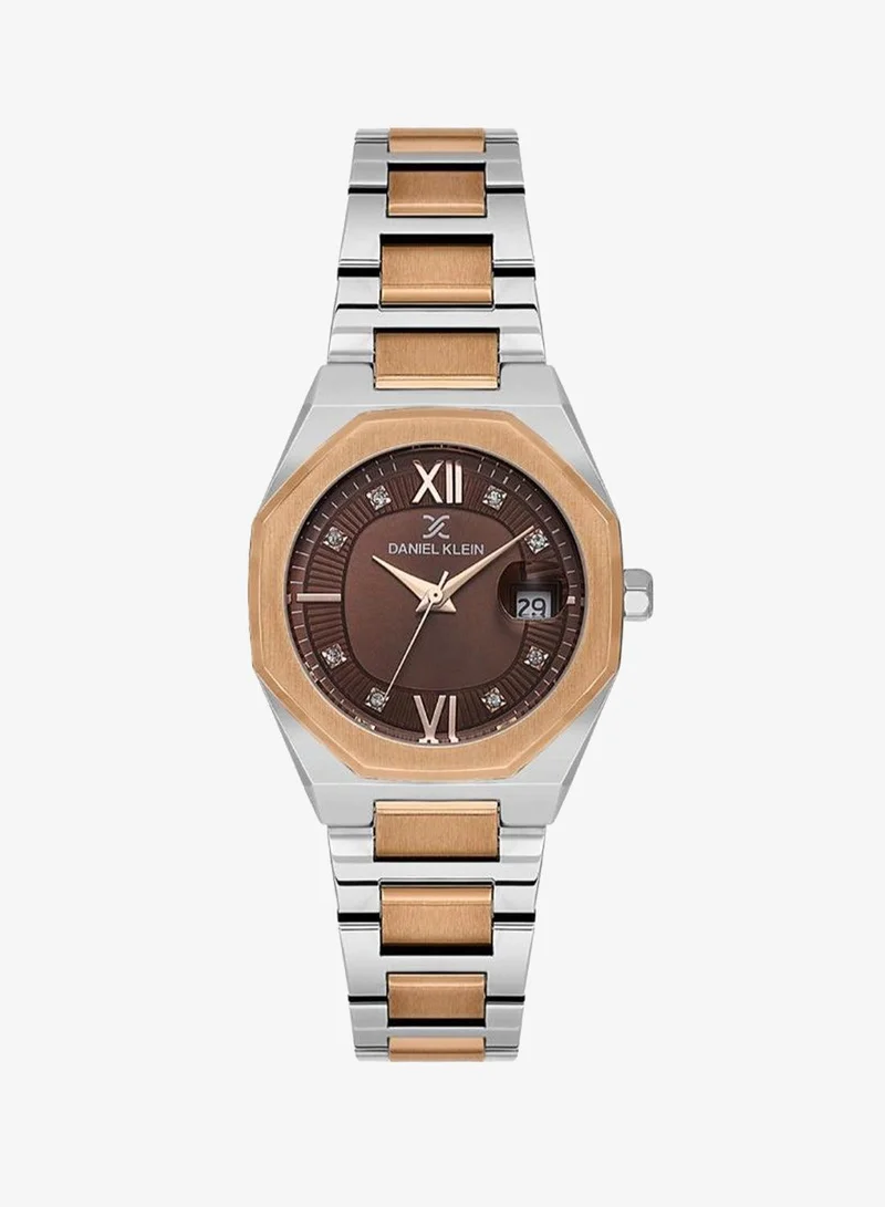 Daniel Klein Women's Stainless Steel Silver and Rose Gold Alloy Case Analog Dark Brown Round Emboss Dial Japanese Quartz Premium 30 Meters Water Resistant