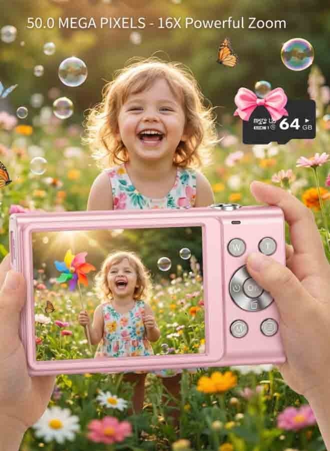 كاميرا رقمية للأطفال مع بطاقة SD، زوم 16×، كاميرا لتصوير الفيديوهات للصغار، باللون الوردي - Image 1