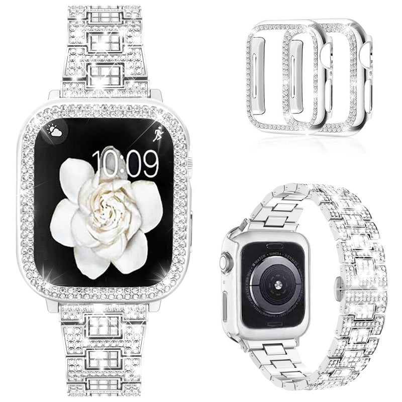 Mosonio Compatible with Apple Watch Band 44mm with Case Women Bling Metal Wristband Strap with 2 Pack Bling PC Protective Cover for iWatch SE Series 65444mm Silver - Image 2