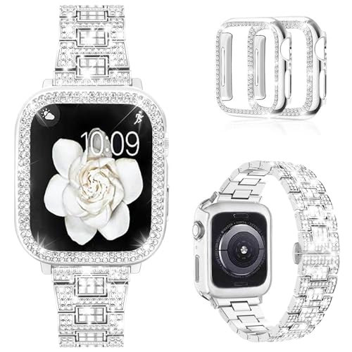 Mosonio Compatible with Apple Watch Band 44mm with Case Women Bling Metal Wristband Strap with 2 Pack Bling PC Protective Cover for iWatch SE Series 65444mm Silver - Image 1