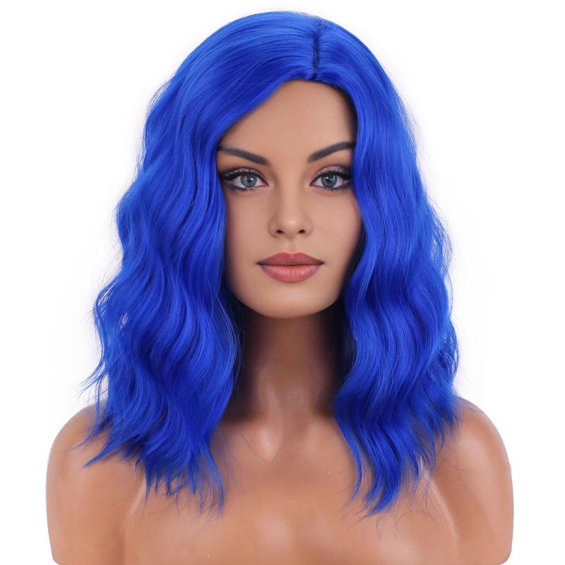 BERON 14 Inches Blue Wig Short Curly Wig Dark Blue Bob Wigs Charming Women Girls Beach Wave Wigs for Cosplay Costume Party Hairnet Included