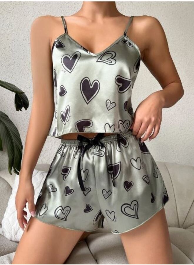 Shein - Heart Print Satin Cami Top & Shorts PJ Set - Image 1