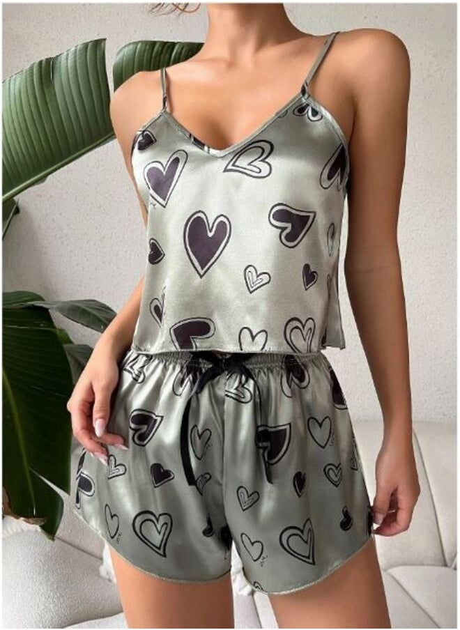 Shein - Heart Print Satin Cami Top & Shorts PJ Set - Image 1