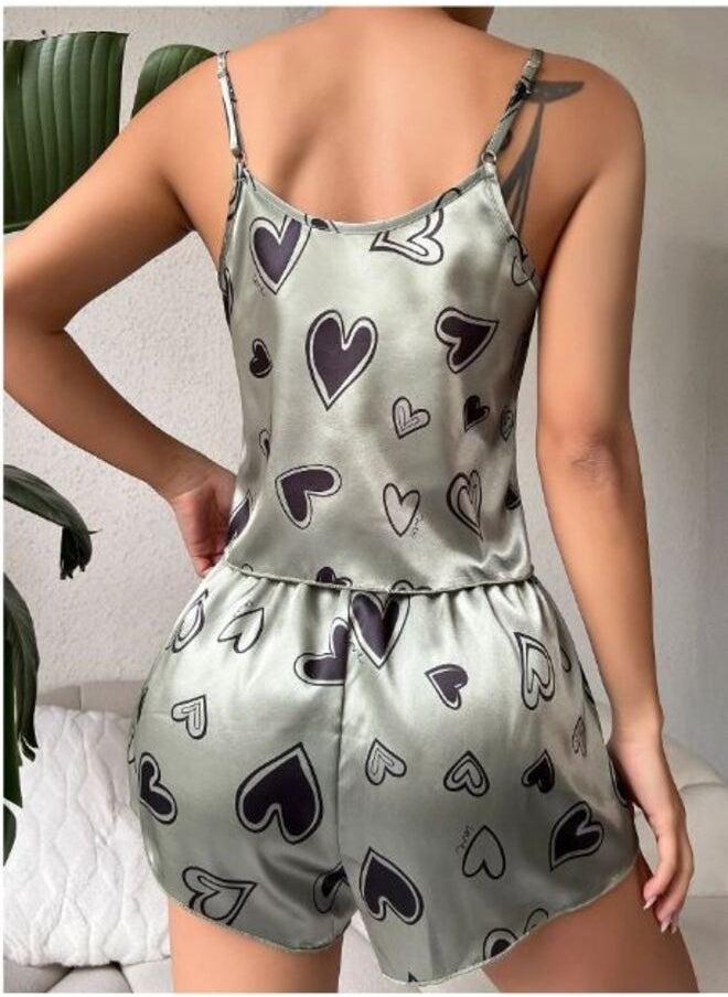 Shein - Heart Print Satin Cami Top & Shorts PJ Set - Image 1