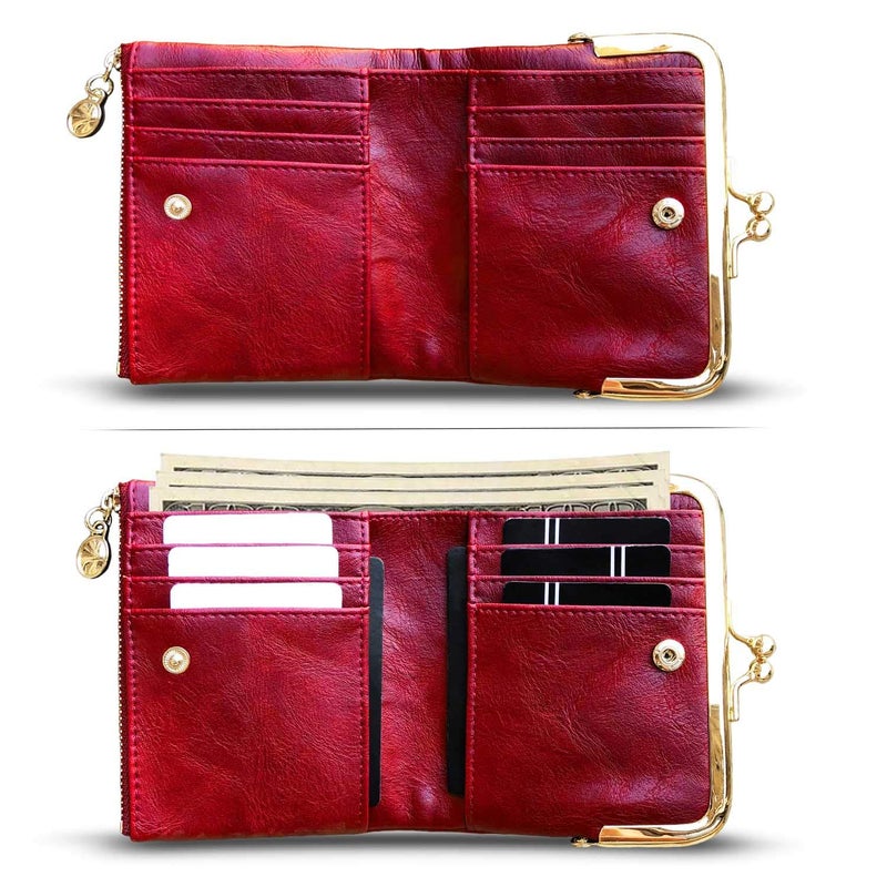 AOXONEL Womens Wallet Small Rfid Ladies Compact Bifold Leather Vintage Coin Purse With Zipper and Kiss Lock (Red) - Image 2