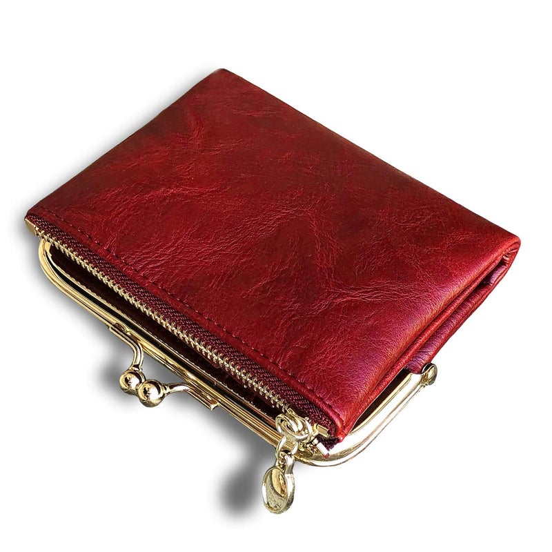 AOXONEL Womens Wallet Small Rfid Ladies Compact Bifold Leather Vintage Coin Purse With Zipper and Kiss Lock (Red) - Image 1