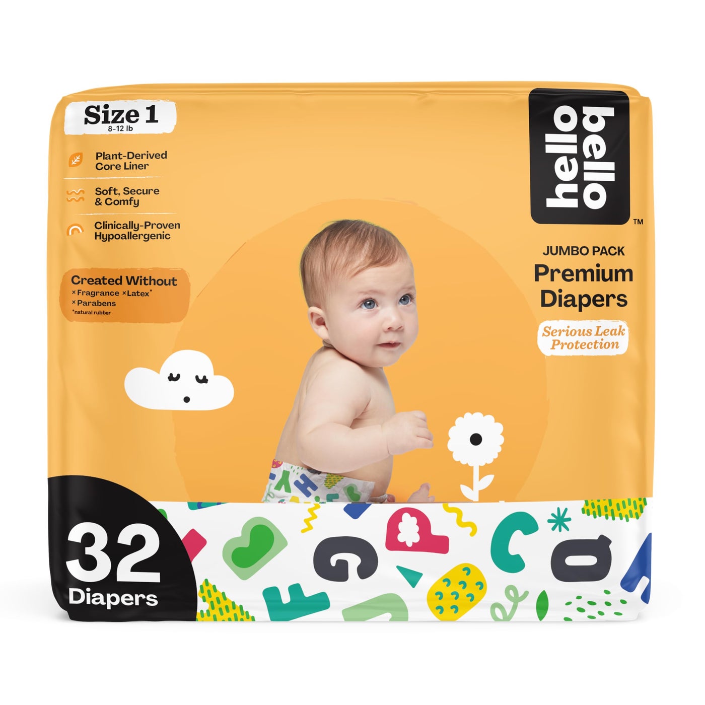 Hello Bello Premium Baby Diapers Size 1 I 32 Count Of Disposable, Extra-Absorbent, Hypoallergenic Baby Diapers With Snug And Comfort Fit I Alphabet Soup