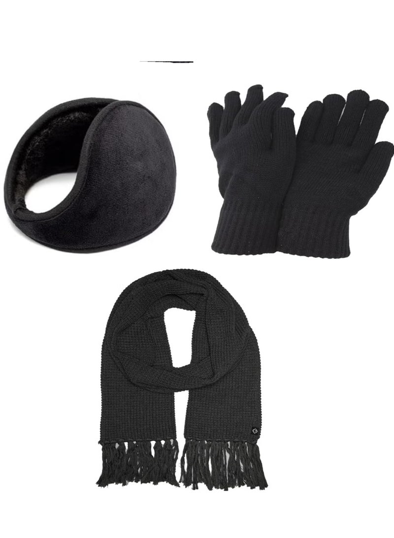Set Of 3 Winter Gloves, Shawl And Ear Muff Black For Men And Women