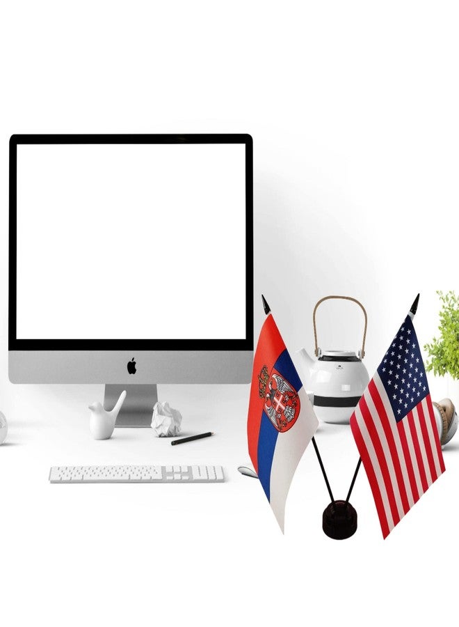 Zigvert America & Serbia Friendship Twin Desk Flag, US Serbia Table Flags, 8 x 5 Inches American & Serbian Deluxe Desk Flag Set - Miniature USA & Serbia Stick Flag with Flag Stand - Image 2