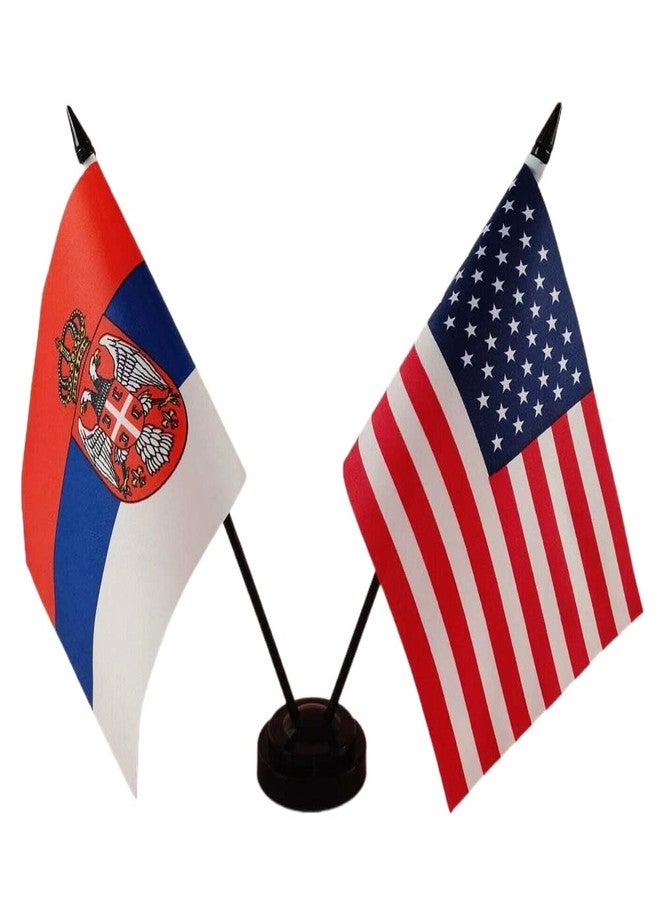 Zigvert America & Serbia Friendship Twin Desk Flag, US Serbia Table Flags, 8 x 5 Inches American & Serbian Deluxe Desk Flag Set - Miniature USA & Serbia Stick Flag with Flag Stand - Image 1