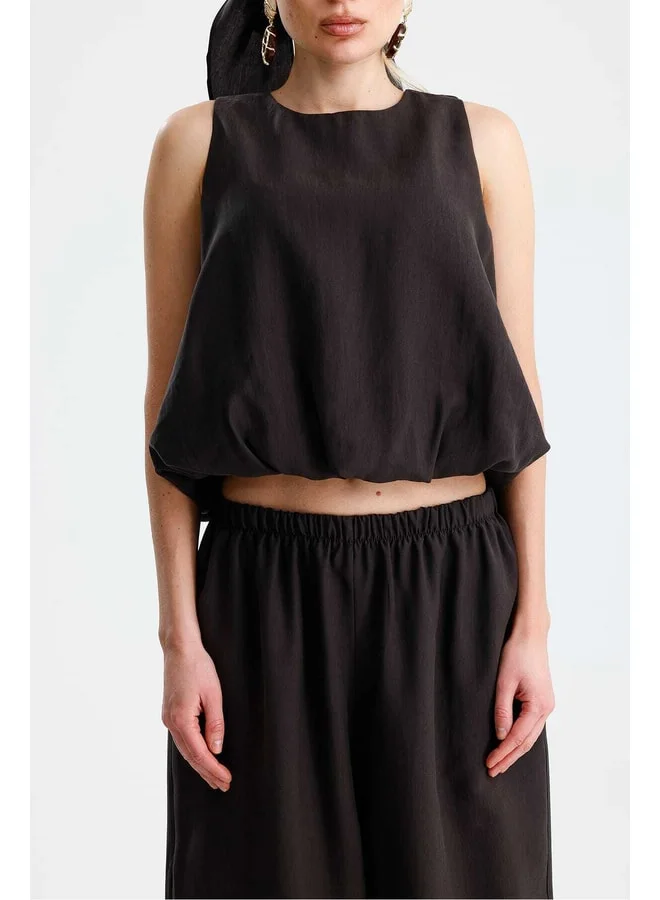 GACACOLLECTION HELIA Balloon Blouse, Elastic Cuffed Pants and Scarf Brown Set