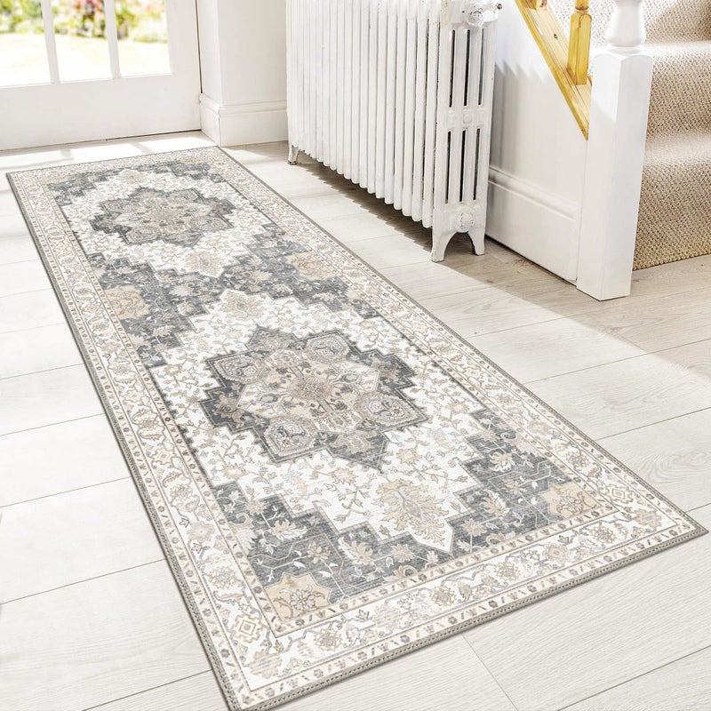GENIMO 2x5 Runner Rugs for Hallway, Machine Washable Non Slip Vintage Retro Rugs, Low Pile Lightweight Soft Print Rug for enrtyway, Corridor, Home Office, Kitchen, Heathered Grey - Image 1