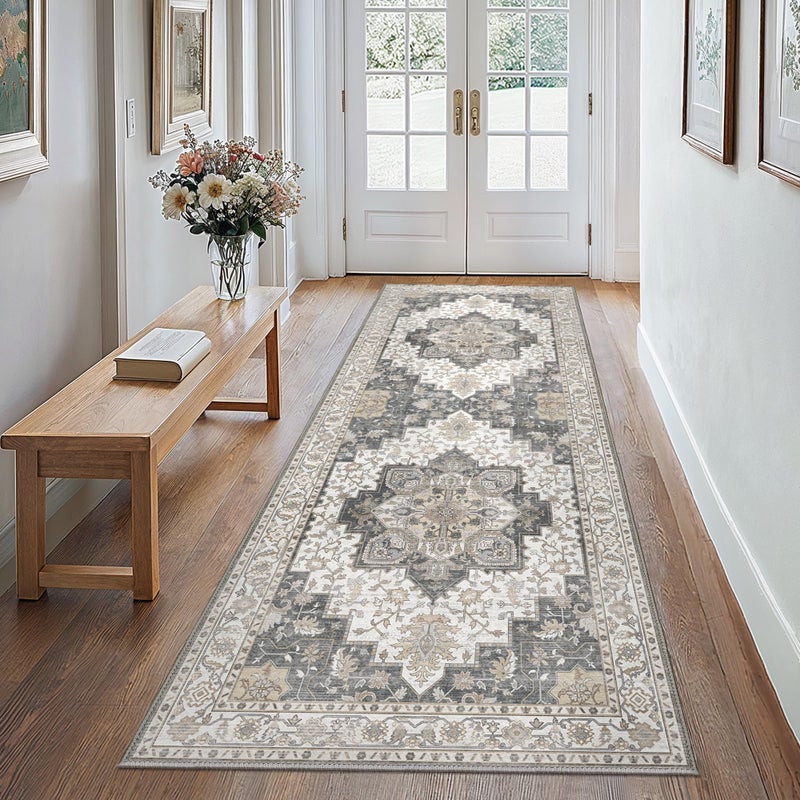 GENIMO 2x5 Runner Rugs for Hallway, Machine Washable Non Slip Vintage Retro Rugs, Low Pile Lightweight Soft Print Rug for enrtyway, Corridor, Home Office, Kitchen, Heathered Grey - Image 2