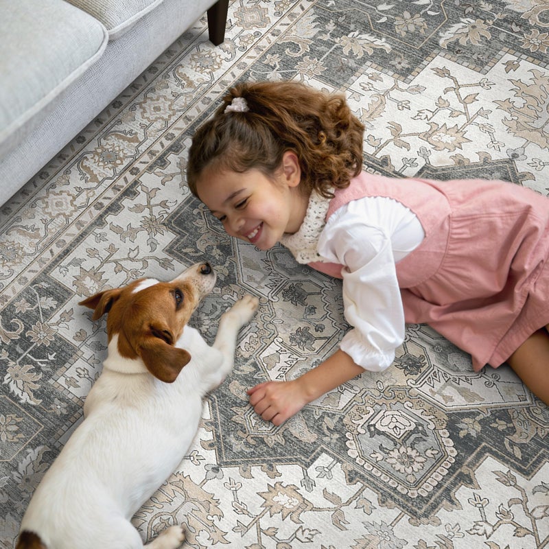 GENIMO 2x5 Runner Rugs for Hallway, Machine Washable Non Slip Vintage Retro Rugs, Low Pile Lightweight Soft Print Rug for enrtyway, Corridor, Home Office, Kitchen, Heathered Grey - Image 3