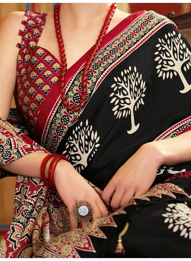 saree mall ساري مول ساري ساتين كريب مطبوع للنساء مع قطعة بلوزة غير مخيطة (أسود_MOHAR201B_HS) - Image 5