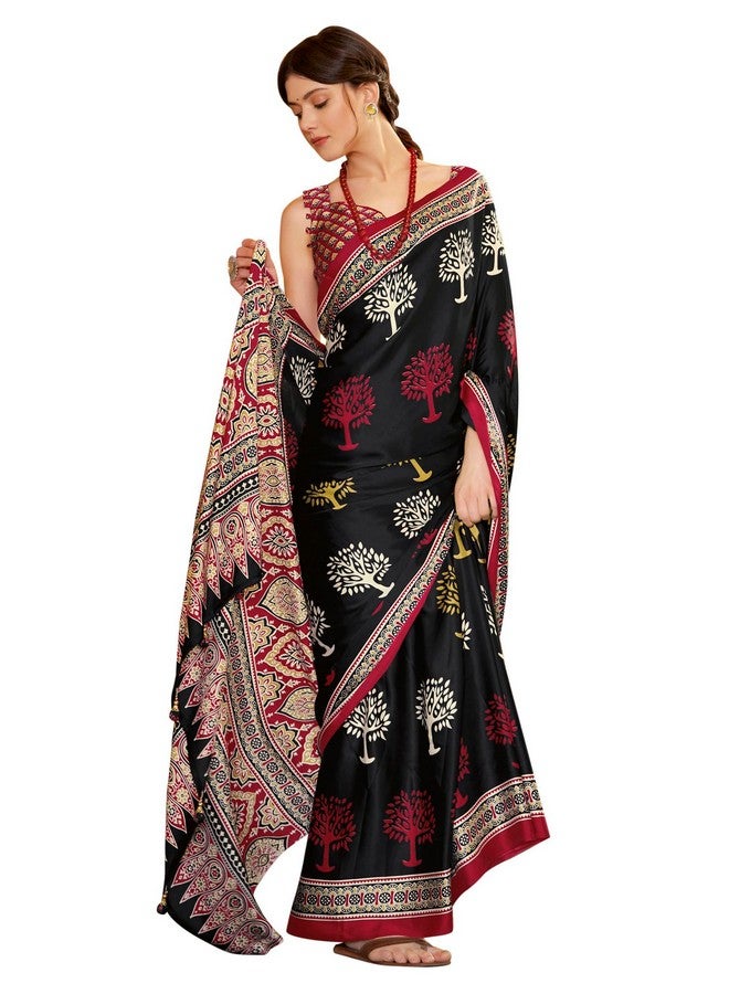 saree mall ساري مول ساري ساتين كريب مطبوع للنساء مع قطعة بلوزة غير مخيطة (أسود_MOHAR201B_HS) - Image 1