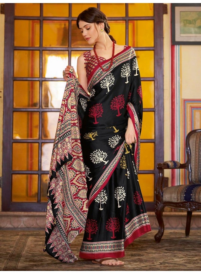 saree mall ساري مول ساري ساتين كريب مطبوع للنساء مع قطعة بلوزة غير مخيطة (أسود_MOHAR201B_HS) - Image 2