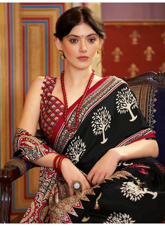 saree mall ساري مول ساري ساتين كريب مطبوع للنساء مع قطعة بلوزة غير مخيطة (أسود_MOHAR201B_HS) - Image 4
