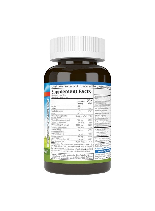 Carlson كارلسون - بري ناتال، متعدد مع DHA وفيتامين D3، صحة الحمل، تطوير الجنين ودعم المناعة، 60 كبسولة لينة - Image 2