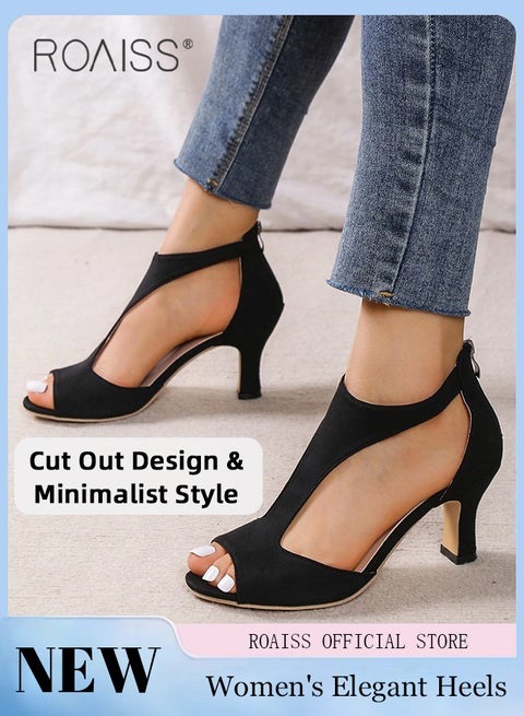 Elegant Sandals Boots for Women Hollow out Design Faux Suede Chunky Heeled Boots Ladies Open Toe Comfortable Peep Heels with Stylish Ankle T-Strap Design Fish Mouth Shoes with Zippered Rear High Heels