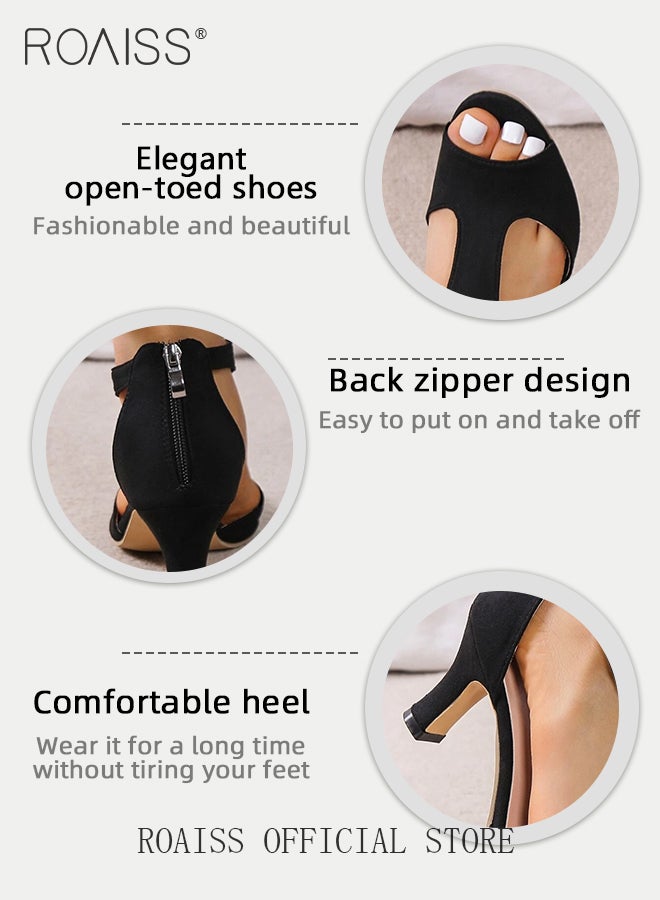 Elegant Sandals Boots for Women Hollow out Design Faux Suede Chunky Heeled Boots Ladies Open Toe Comfortable Peep Heels with Stylish Ankle T-Strap Design Fish Mouth Shoes with Zippered Rear High Heels