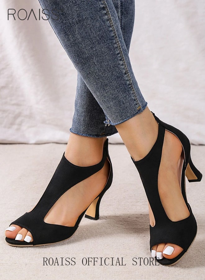 Elegant Sandals Boots for Women Hollow out Design Faux Suede Chunky Heeled Boots Ladies Open Toe Comfortable Peep Heels with Stylish Ankle T-Strap Design Fish Mouth Shoes with Zippered Rear High Heels