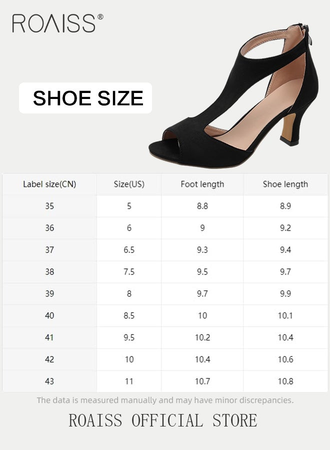 Elegant Sandals Boots for Women Hollow out Design Faux Suede Chunky Heeled Boots Ladies Open Toe Comfortable Peep Heels with Stylish Ankle T-Strap Design Fish Mouth Shoes with Zippered Rear High Heels