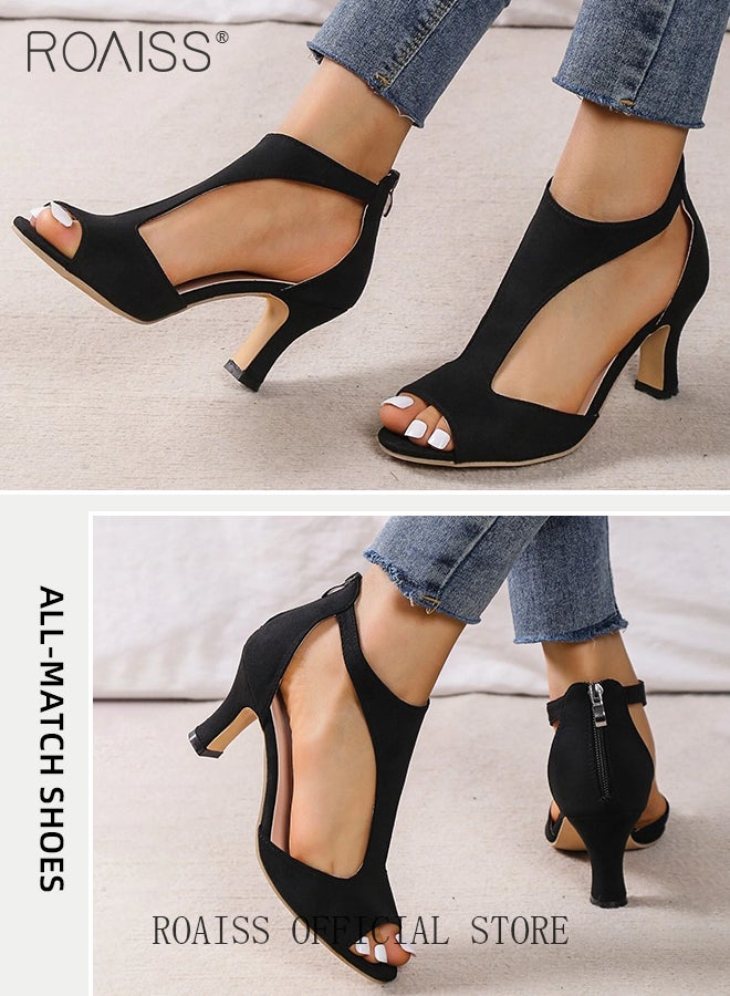 Elegant Sandals Boots for Women Hollow out Design Faux Suede Chunky Heeled Boots Ladies Open Toe Comfortable Peep Heels with Stylish Ankle T-Strap Design Fish Mouth Shoes with Zippered Rear High Heels