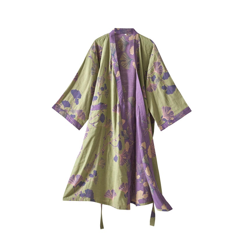 Purefair 100% Cotton Gauze Ginkgo Leaf Kimono Robe, Long Knit Loose Loungewear Bathrobe Nightgown Ladies Sleepwear for Women - Image 1