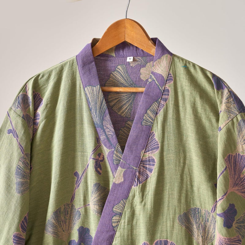 Purefair 100% Cotton Gauze Ginkgo Leaf Kimono Robe, Long Knit Loose Loungewear Bathrobe Nightgown Ladies Sleepwear for Women - Image 3